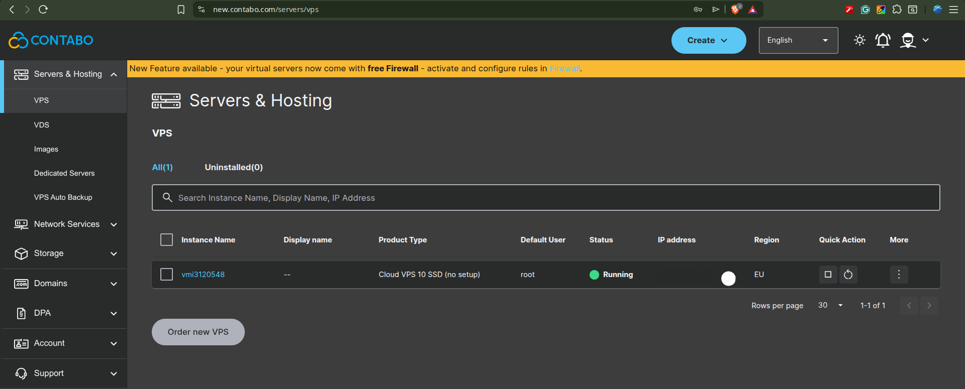 Contabo Customer Control Panel showing a running Cloud VPS 10 SSD instance in the EU region — the private automation box running N8N and OpenVPN.