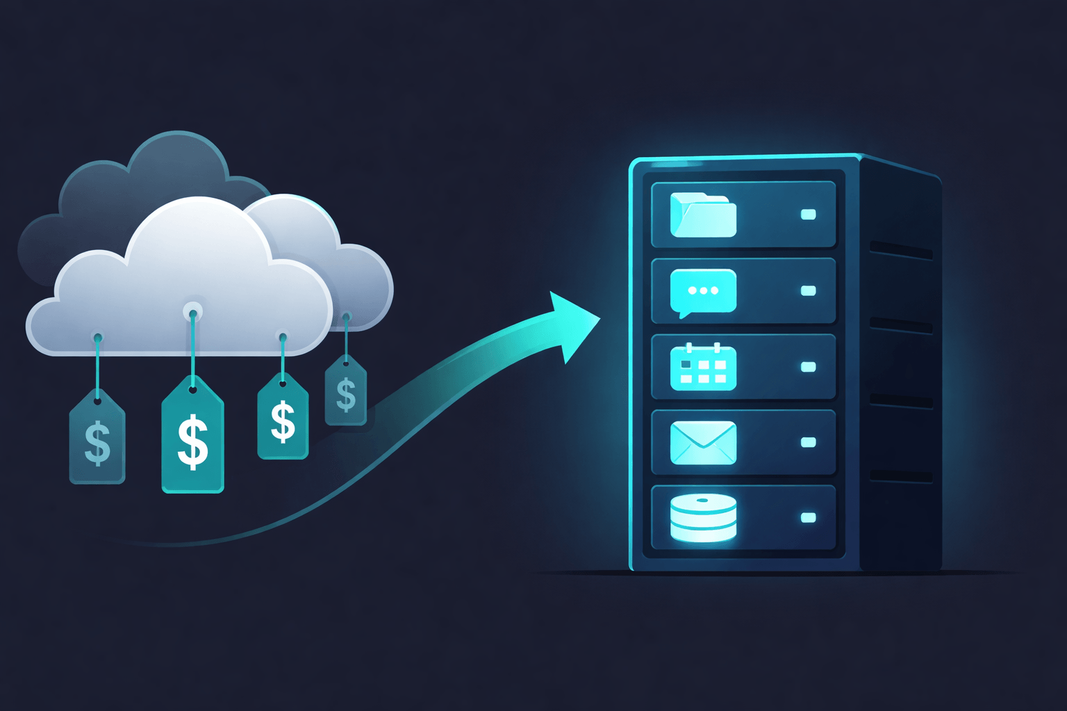 Cloud services with price tags transitioning to a self-hosted server rack with app icons