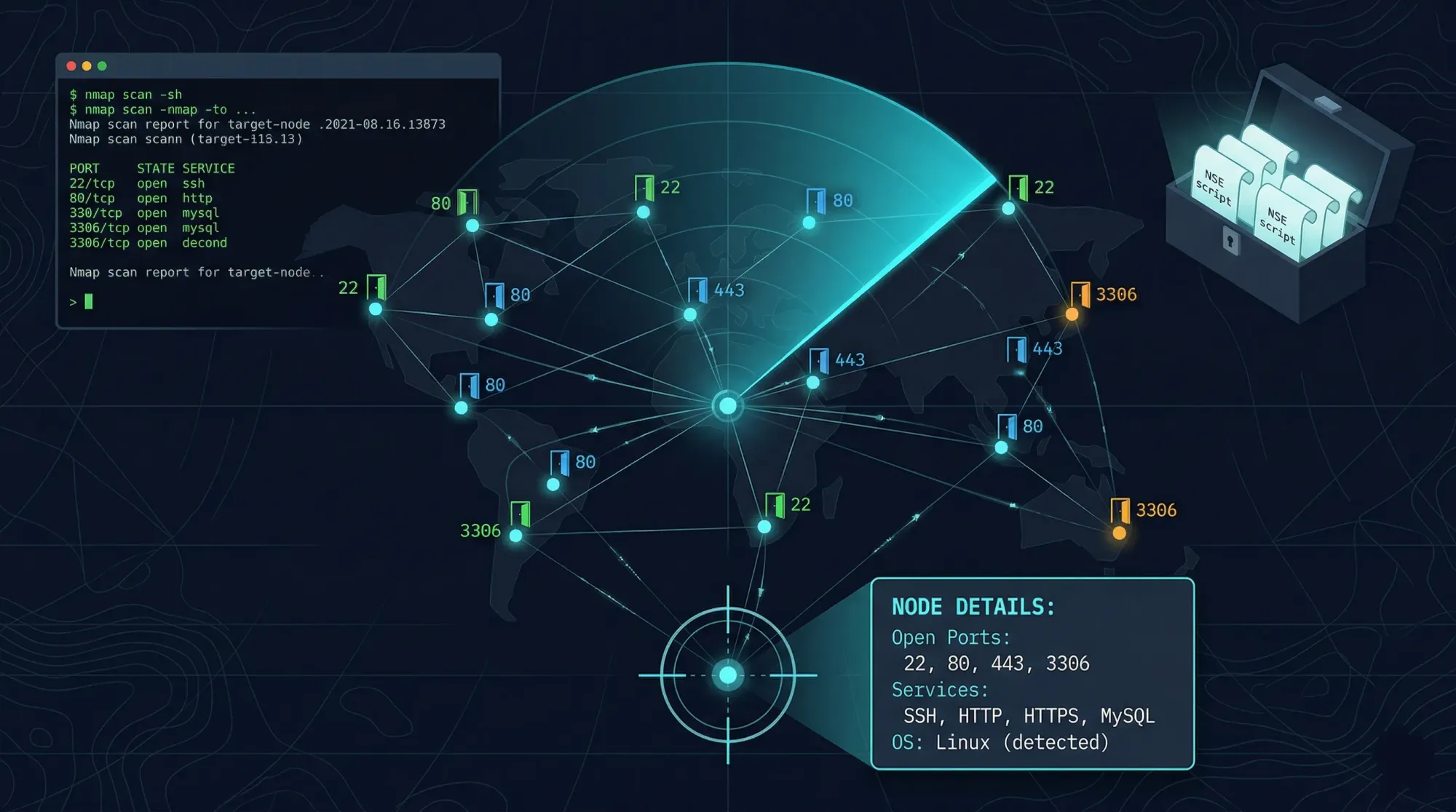 Nmap network scan with radar sweep revealing open ports on server nodes, terminal output, and NSE script toolbox