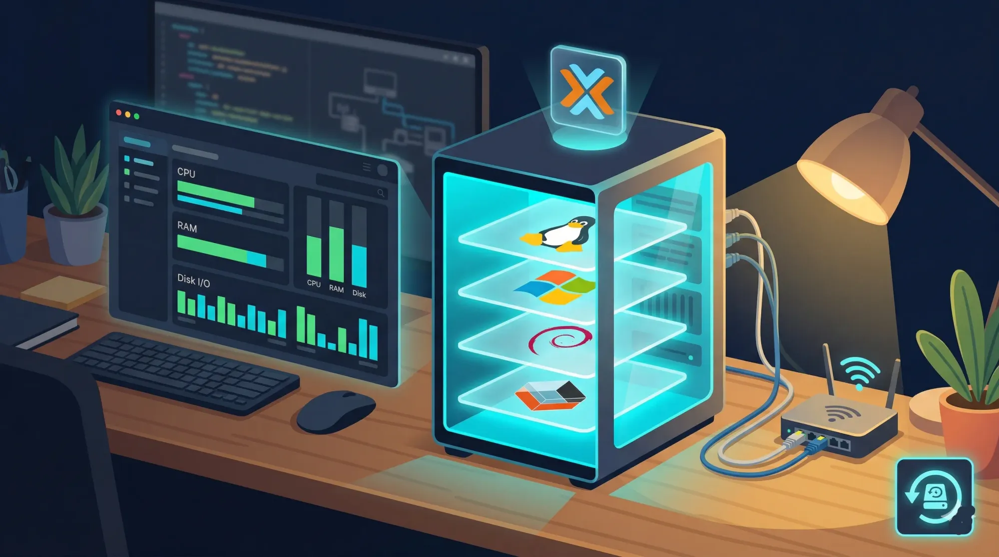 Home lab desk with Proxmox server rack showing VM layers, management dashboard, and network router