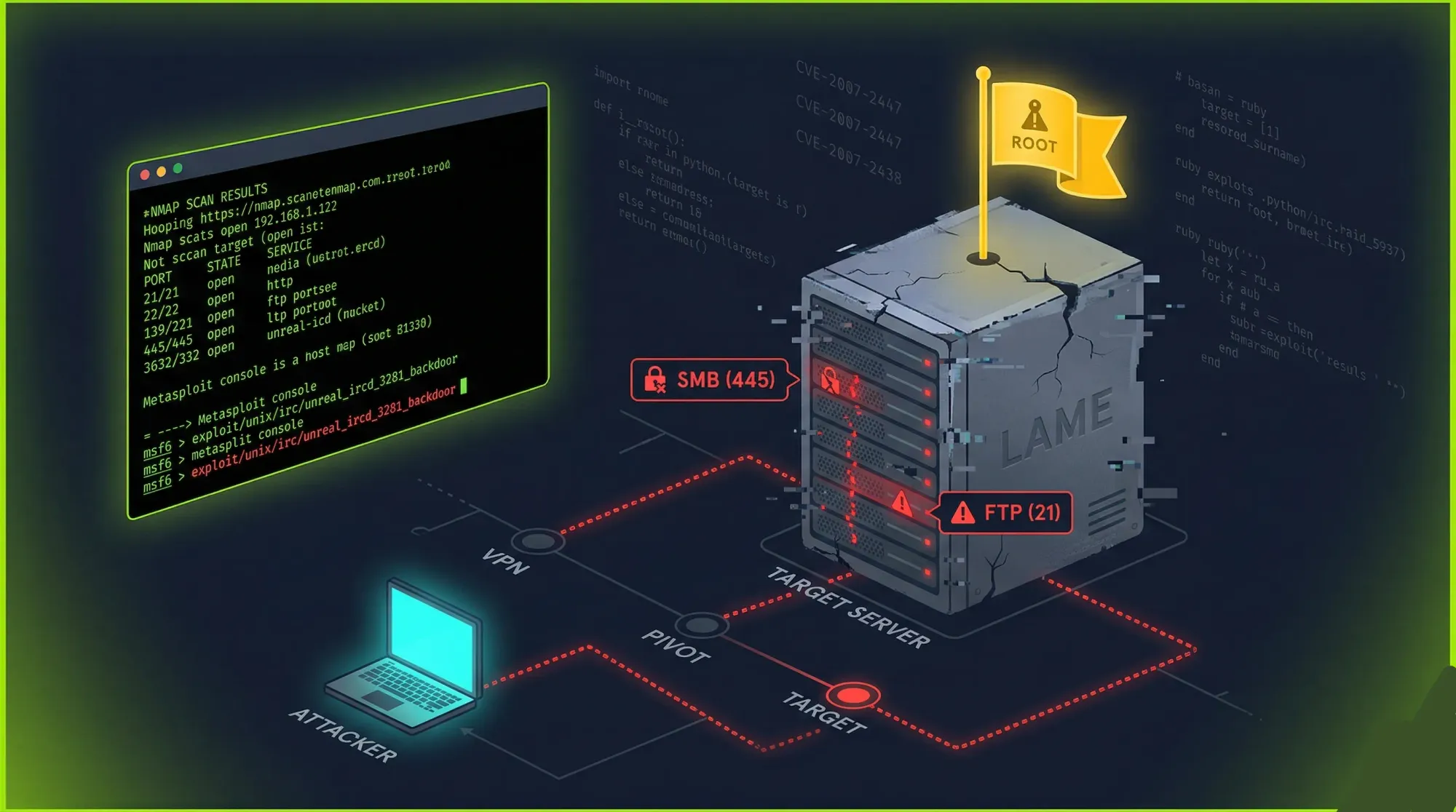 HackTheBox Lame server with cracked SMB and FTP ports, nmap terminal, Metasploit console, and root flag