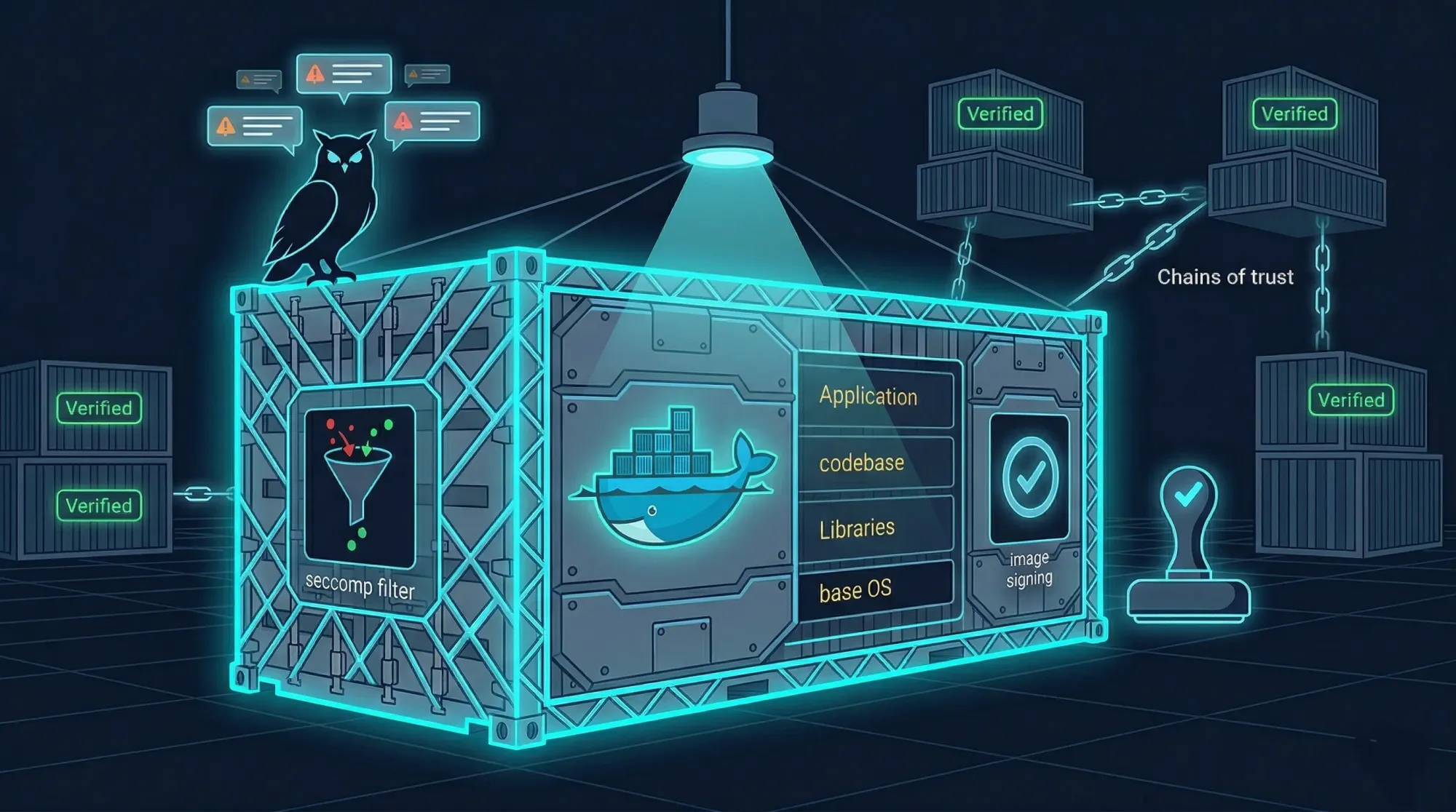 Fortified Docker container with seccomp filter, Falco owl monitoring, Trivy scanner, image signing, and chains of trust