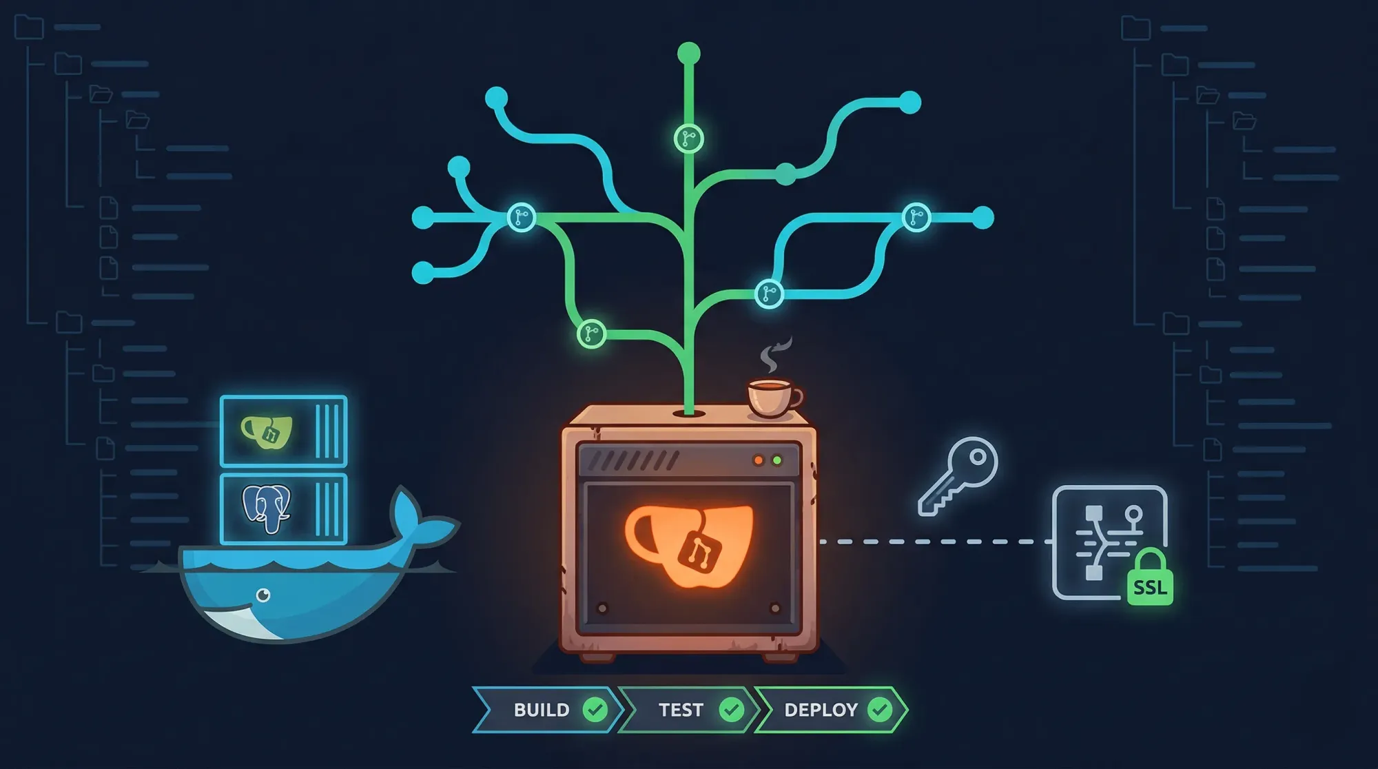 Gitea server with Git branch tree, Docker whale carrying containers, SSH key, SSL proxy, and CI/CD pipeline