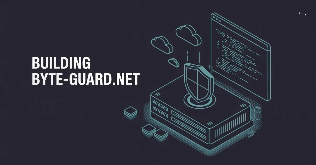 Flat illustration of an isometric server rack with a hexagonal security shield and terminal window, representing self-hosting a blog on a Hetzner VPS