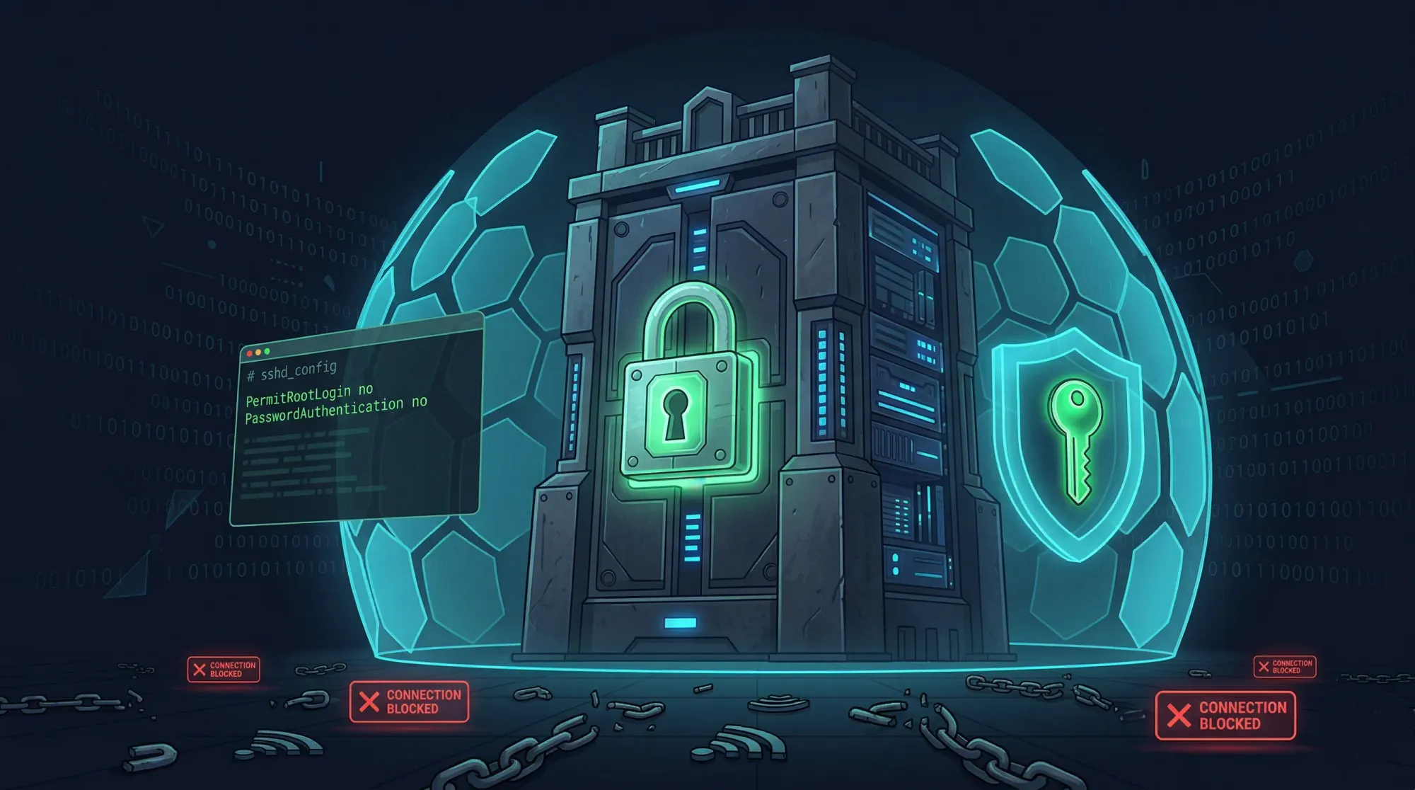 Fortress server with padlock, SSH config terminal, and blocked connection attempts — SSH hardening guide