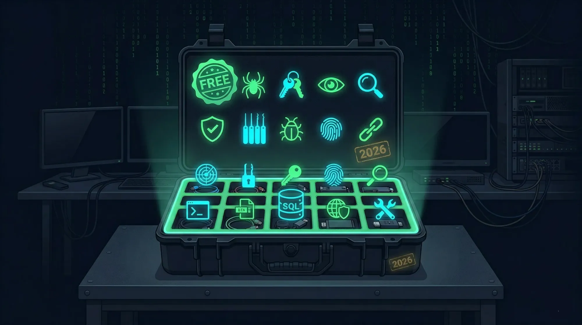 Cybersecurity toolkit illustration with shields and scanning icons on dark navy background