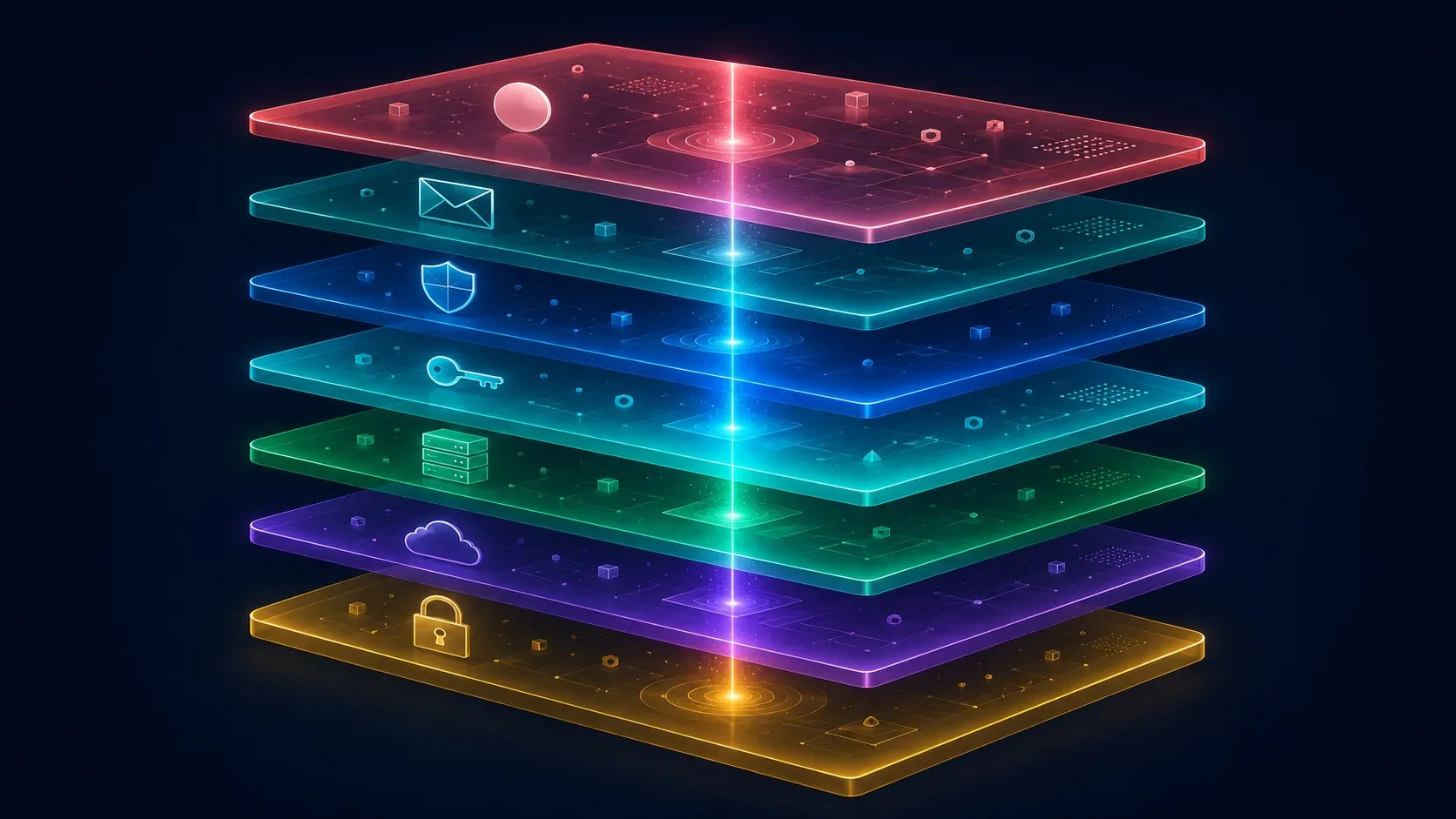 Seven stacked cyan layers labelled with globe, envelope, shield, key, server, cloud, and lock icons — the 2026 self-hoster's privacy stack.