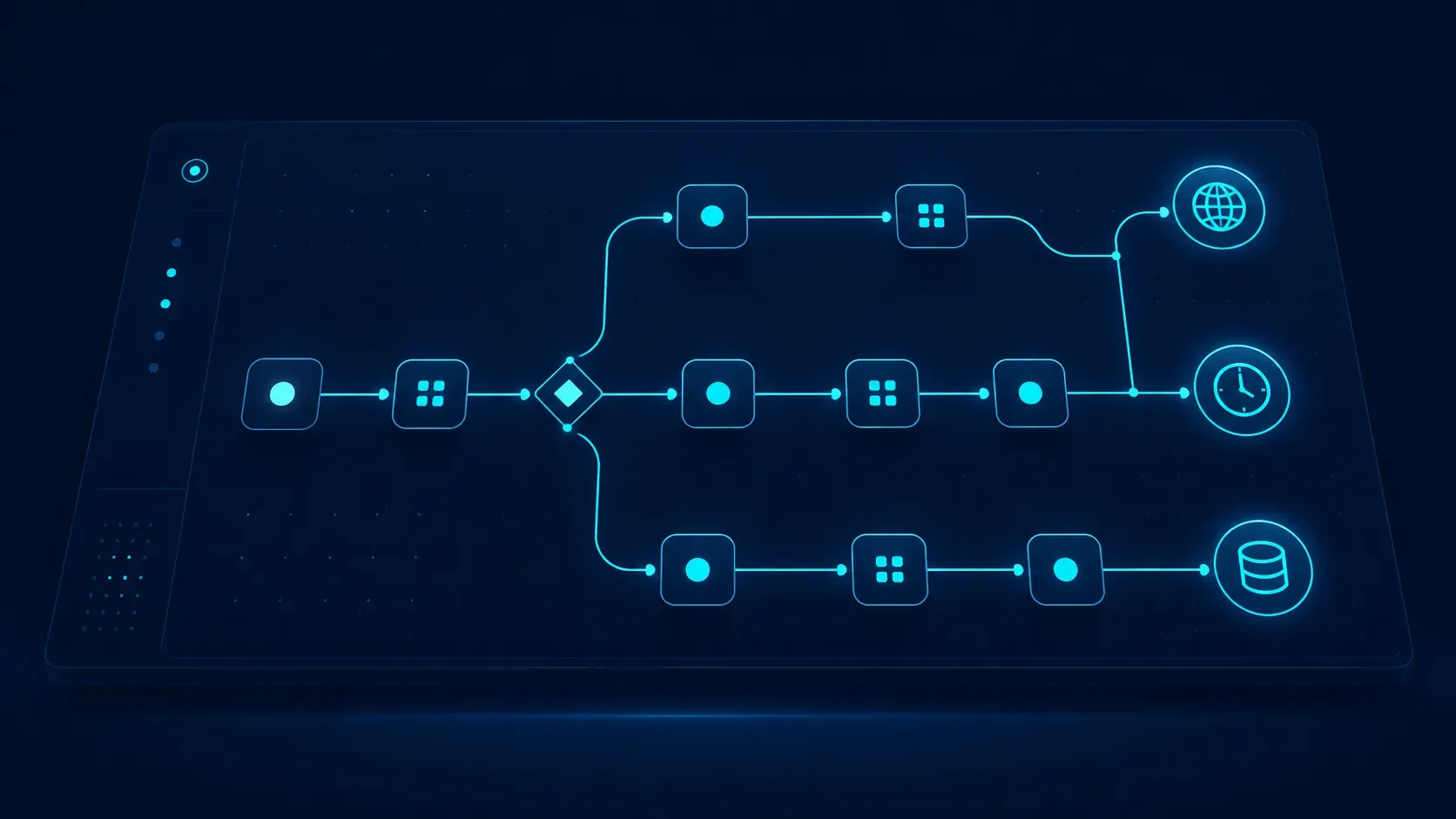 A cyan automation flow of connected nodes branching across a dark navy server panel — self-hosting n8n on a VPS.