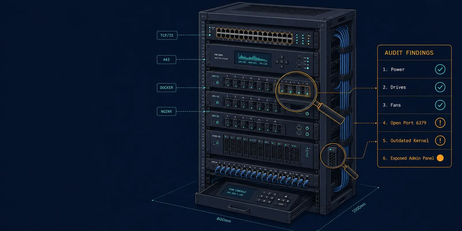 Isometric server rack with audit findings overlay — power, drives, fans verified; open port, outdated kernel, and exposed admin panel flagged.