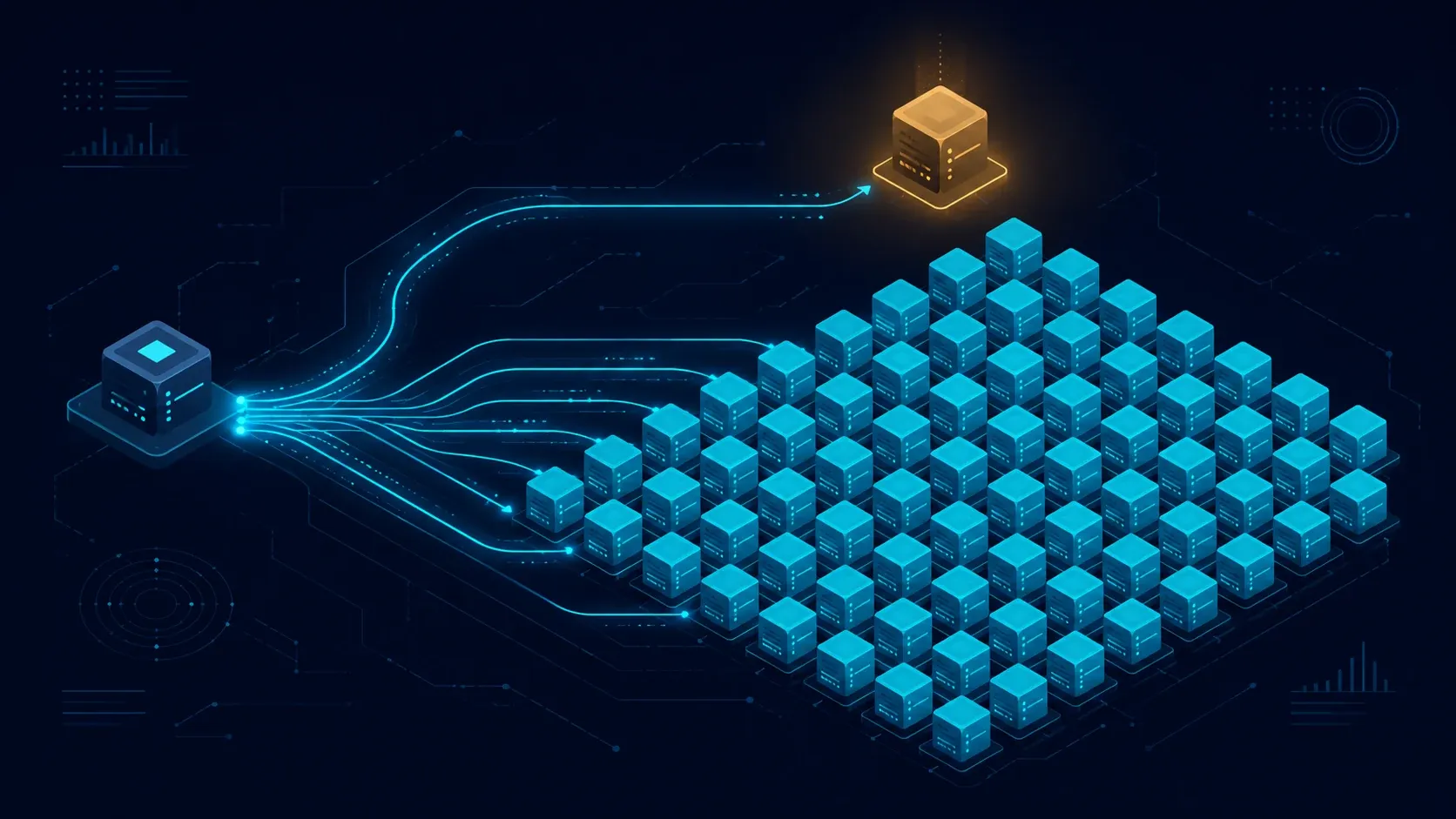 Two cyan tunnels on dark navy: one returns to a single private server, the other branches into a crowd of identical nodes — self-hosted VPN vs privacy VPN.