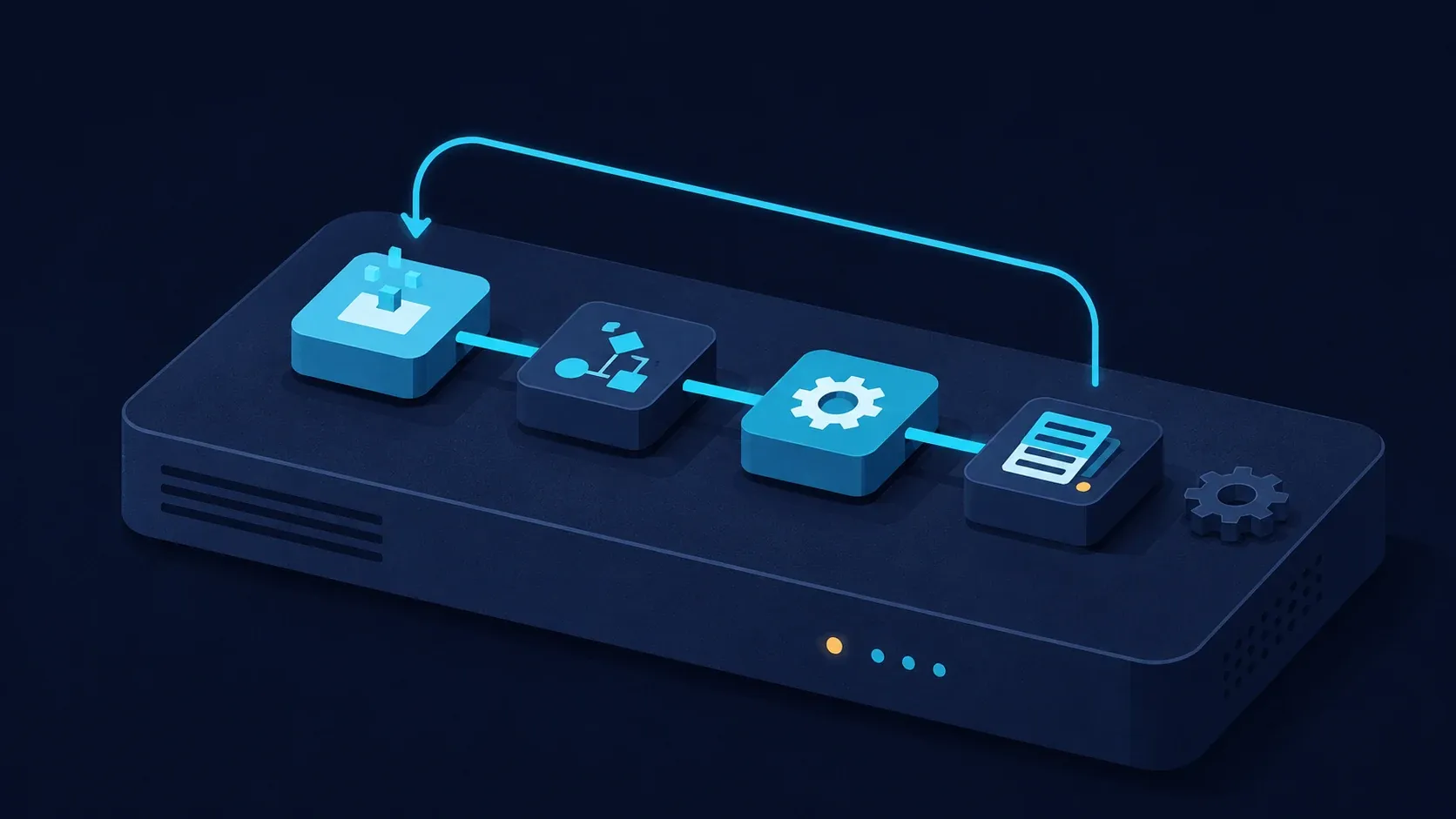 A cyan automation flow of connected nodes branching across a dark navy server panel — self-hosting n8n on a VPS.