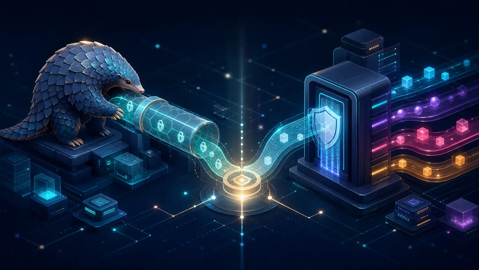 Pangolin vs Nginx Proxy Manager shown as an encrypted tunnel and a colorful reverse proxy gateway