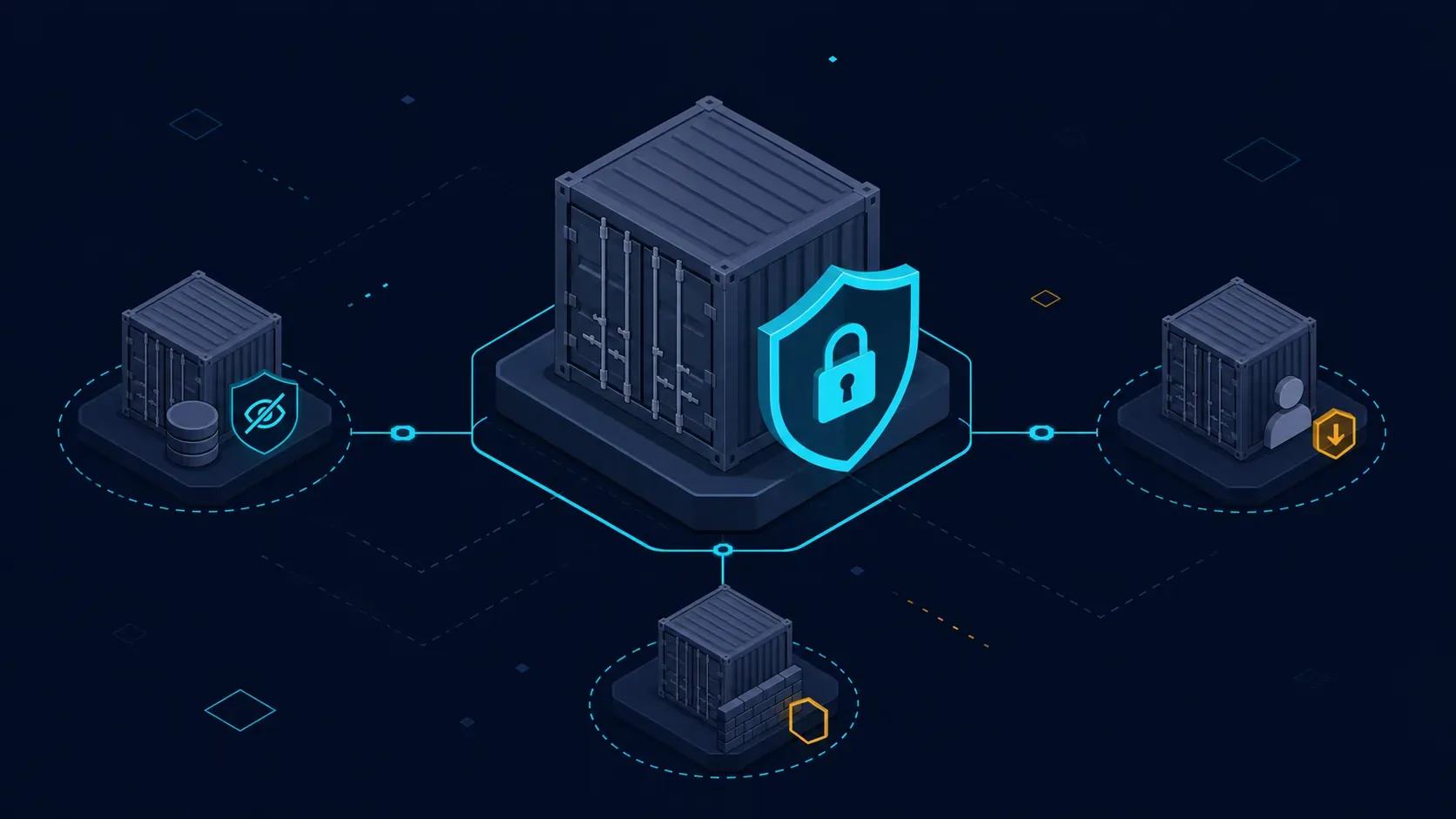 Isometric containers isolated around a shield illustrating Docker security best practices