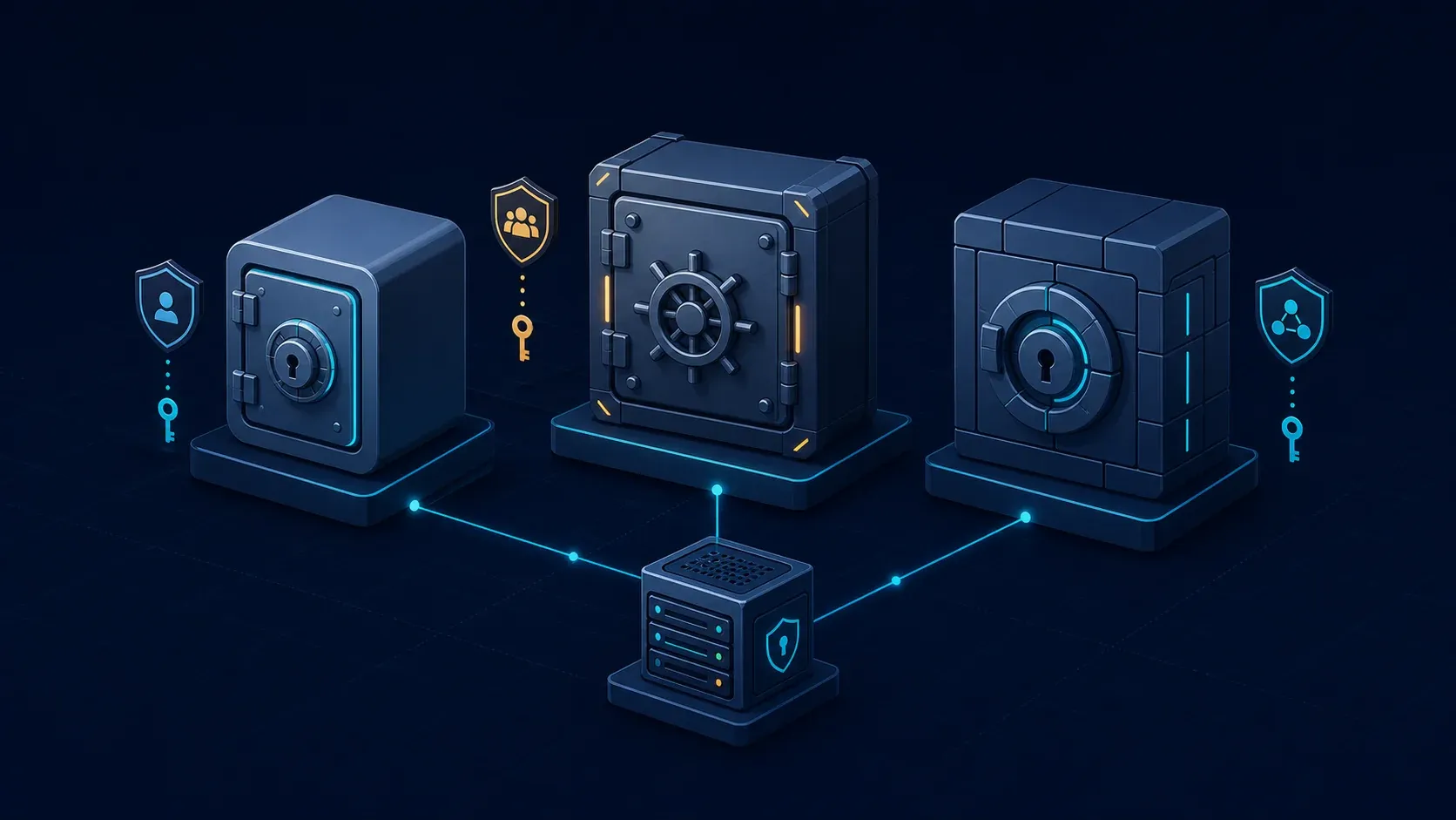Three secure self-hosted vaults representing Vaultwarden, Bitwarden, and Passbolt