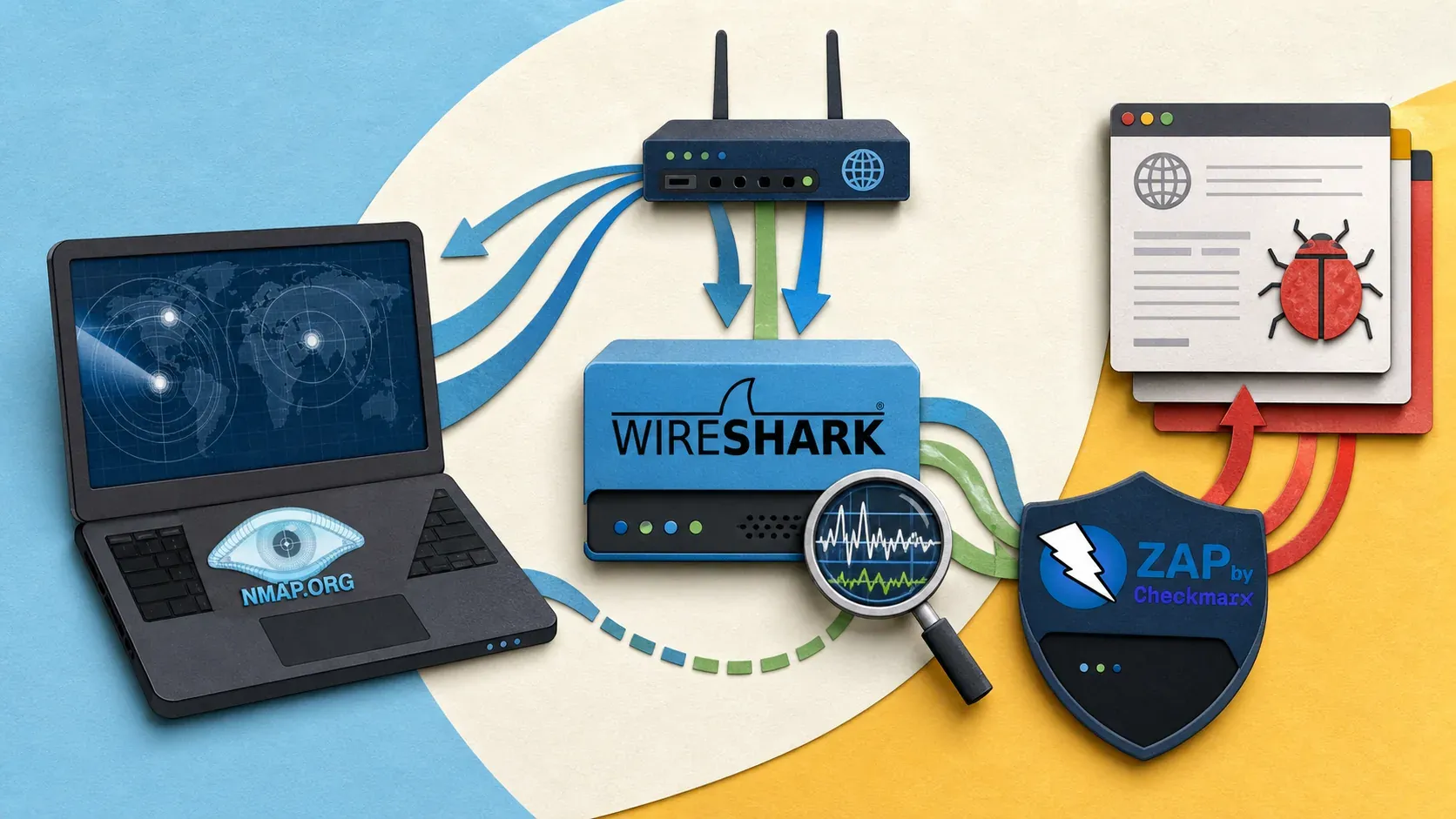 Editorial illustration showing network scan, web proxy inspection, vulnerability findings, packet capture.