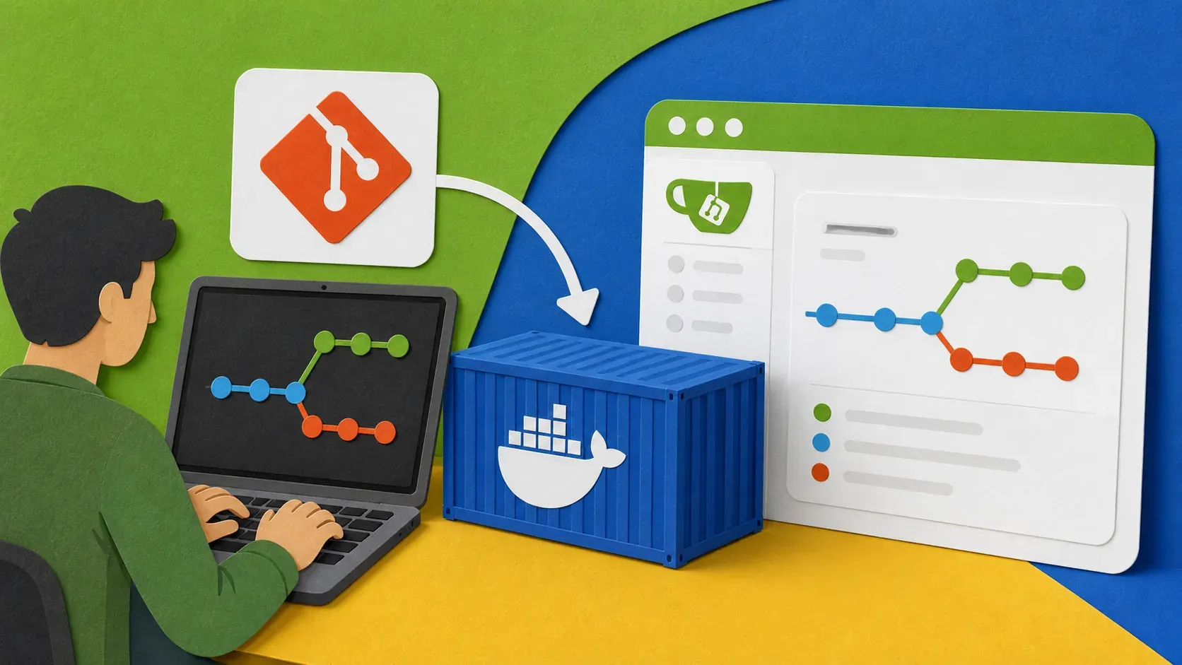 Editorial illustration showing Git repository branches, Gitea web panel, Docker container, developer push from laptop.