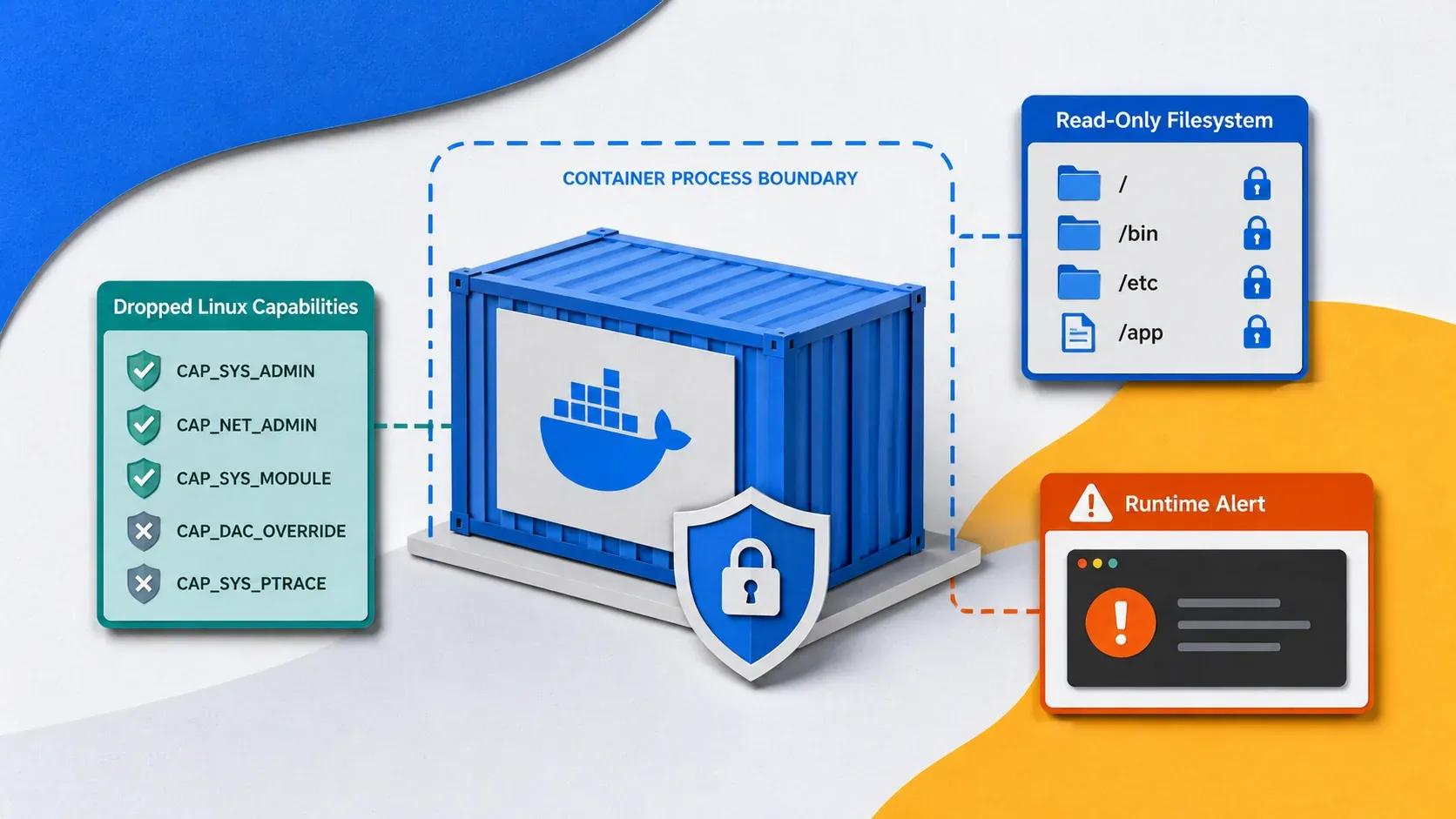 Editorial illustration showing container process boundary, dropped Linux capabilities, read-only filesystem, runtime alert.