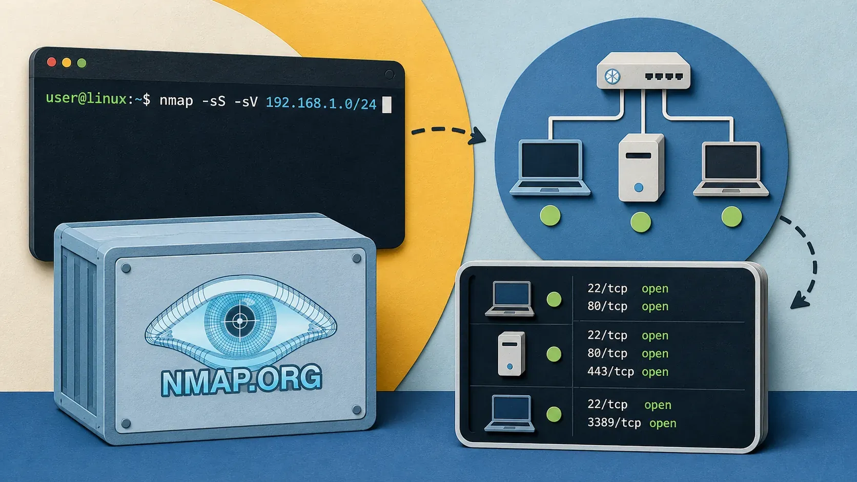Editorial illustration showing terminal scan command, target network, discovered hosts, open port results.