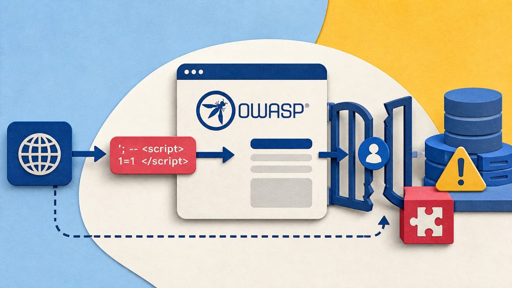 Editorial illustration showing web request entering application, injection payload, broken access-control gate, vulnerable component warning.