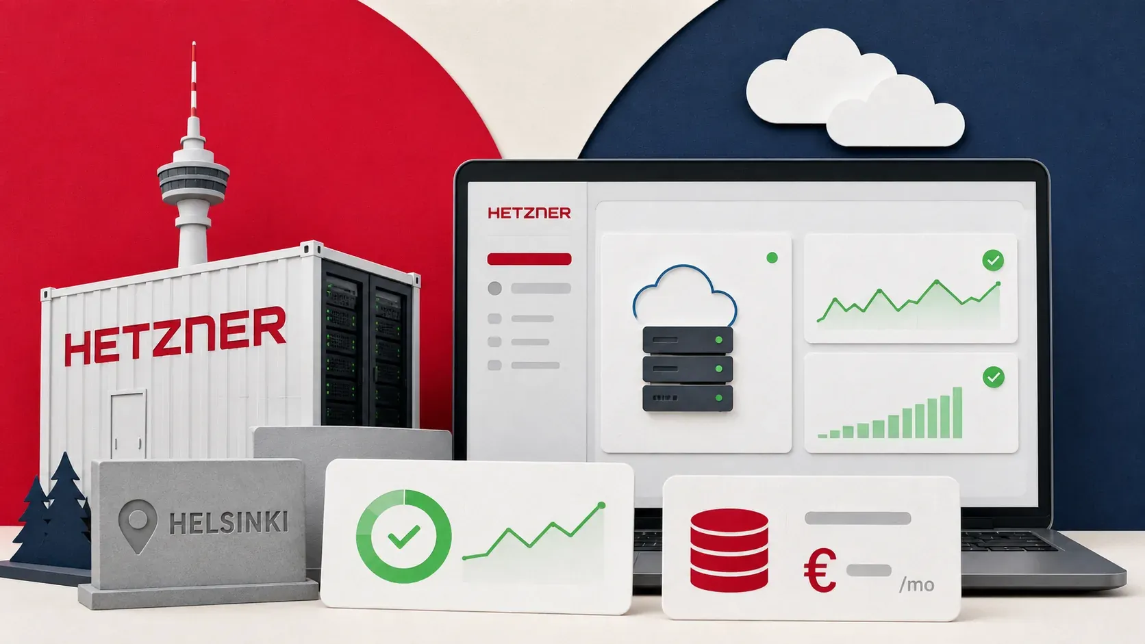 Editorial illustration showing cloud server console, Helsinki data-center node, performance and uptime chart, monthly cost card.