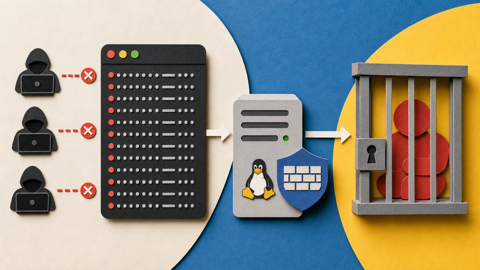 Editorial illustration showing repeated SSH login attempts, authentication log, Fail2Ban jail, blocked source IP.