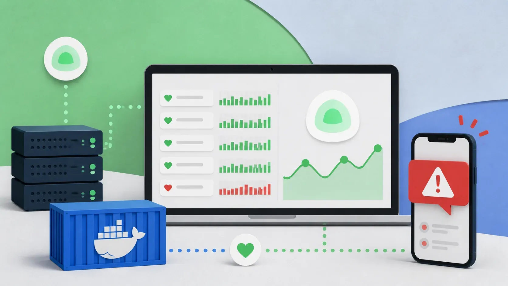 Editorial illustration showing service endpoints, Uptime Kuma status dashboard, heartbeat checks, phone outage alert.