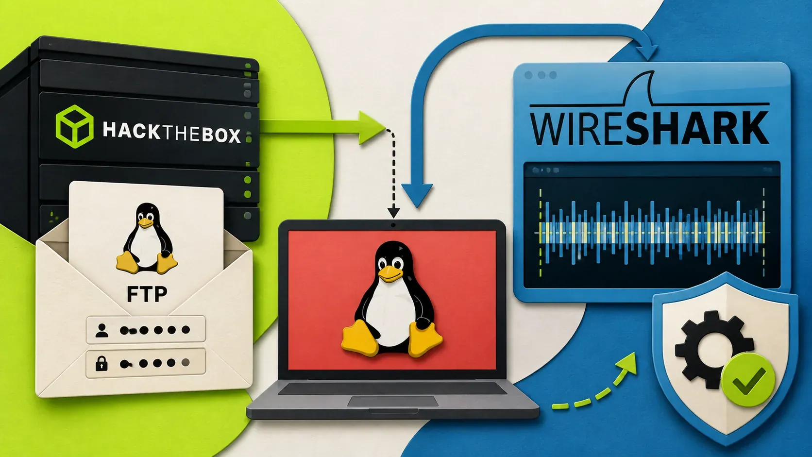 Editorial illustration showing packet-capture download, FTP credentials, target Linux host, capabilities-based privilege escalation.