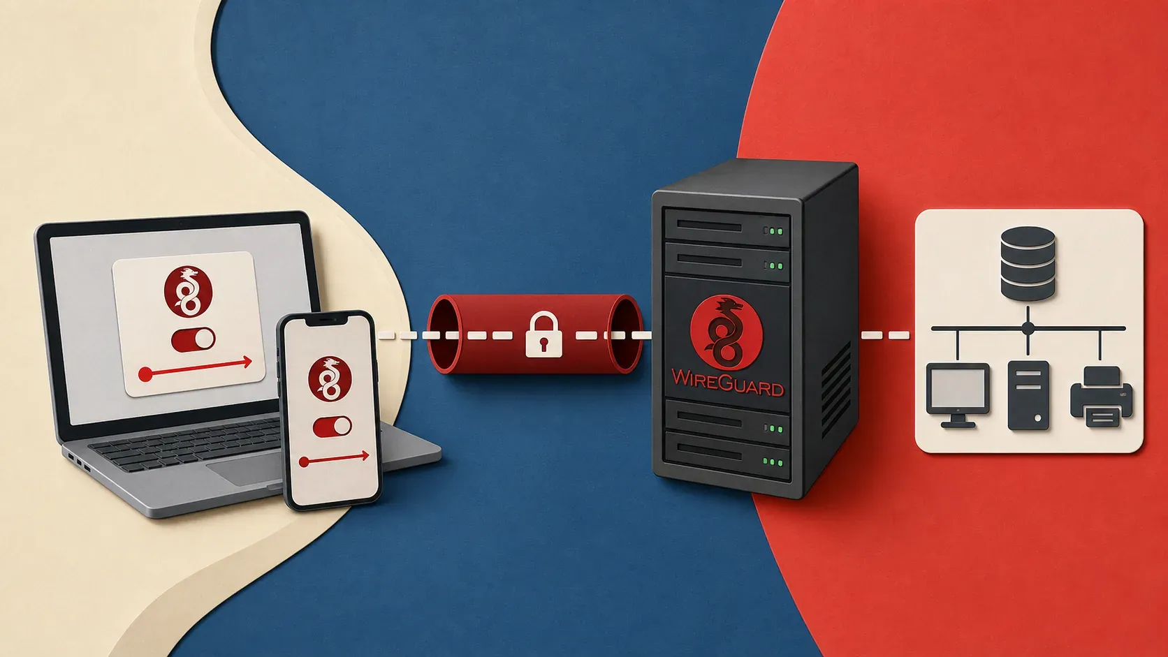 Editorial illustration showing laptop and phone peers, encrypted WireGuard tunnel, VPS gateway, private subnet route.