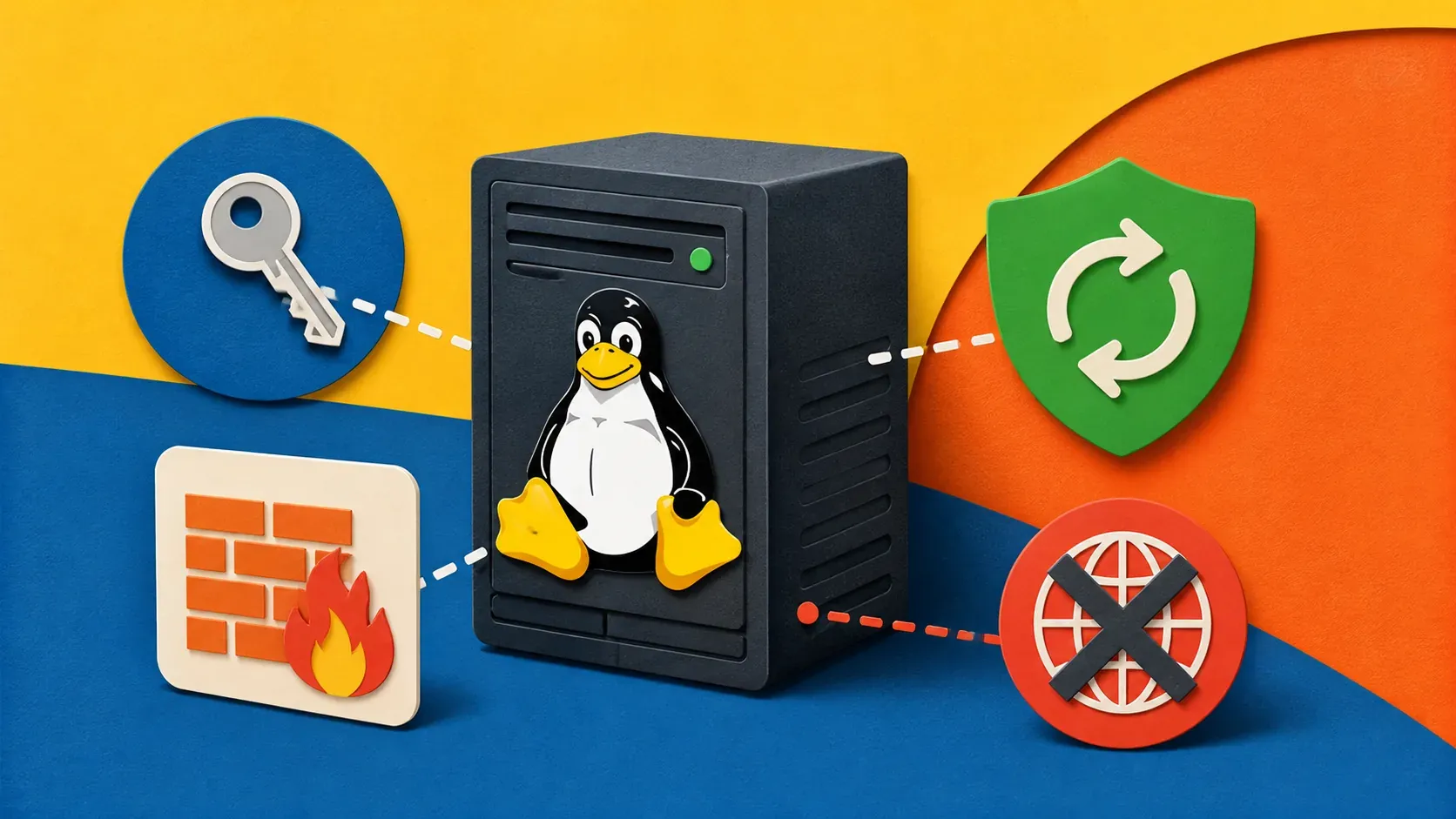 Editorial illustration showing fresh Linux VPS, SSH key and firewall controls, automatic security updates, blocked internet scans.