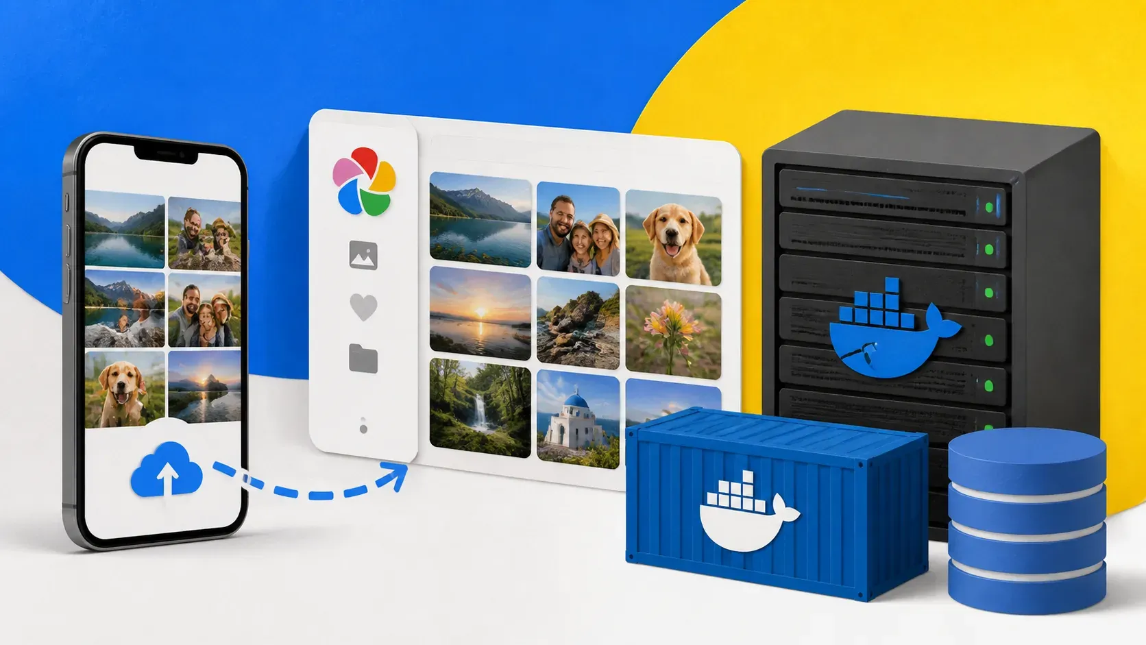 Editorial illustration showing phone photo upload, Immich photo gallery, Docker containers, private VPS storage.