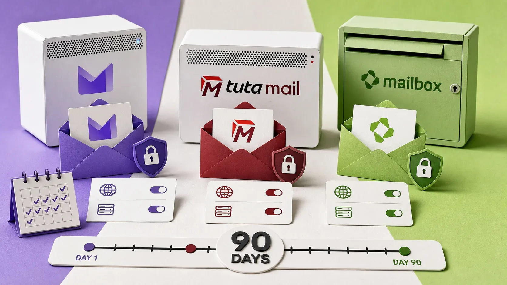 Editorial illustration showing three private inboxes, encrypted message envelopes, calendar and custom-domain controls, 90-day test timeline.