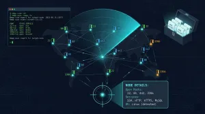Nmap network scan with radar sweep revealing open ports on server nodes, terminal output, and NSE script toolbox
