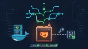 Gitea server with Git branch tree, Docker whale carrying containers, SSH key, SSL proxy, and CI/CD pipeline