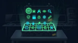 Cybersecurity toolkit illustration with shields and scanning icons on dark navy background