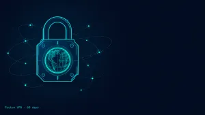 Glowing cyan padlock with a globe inside, orbiting network nodes — symbolising Proton VPN's encrypted tunnels across the world.