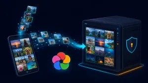 An isometric cyan photo-library stack flowing from a phone into a dark navy server panel — self-hosted Immich replacing cloud photo storage.