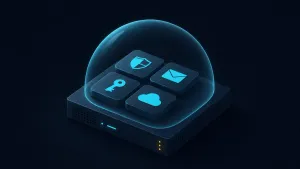 Seven stacked cyan layers labelled with globe, envelope, shield, key, server, cloud, and lock icons — the 2026 self-hoster's privacy stack.