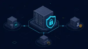 Isometric containers isolated around a shield illustrating Docker security best practices