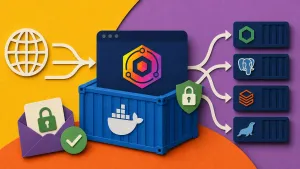 Editorial illustration showing internet requests, reverse-proxy control panel, TLS certificate, multiple Docker services.