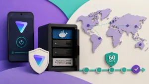 Editorial illustration showing VPN app connection, self-hosted server stack, exit server map, 60-day reliability timeline.