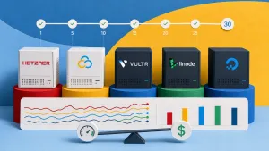 Editorial illustration showing five server nodes, 30-day uptime timeline, latency traces, price-performance comparison.