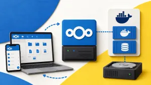 Editorial illustration showing file sync from laptop and phone, Nextcloud interface, Docker application and database containers, private storage disk.
