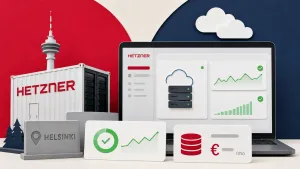 Editorial illustration showing cloud server console, Helsinki data-center node, performance and uptime chart, monthly cost card.