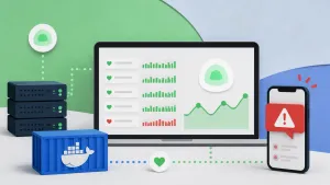 Editorial illustration showing service endpoints, Uptime Kuma status dashboard, heartbeat checks, phone outage alert.