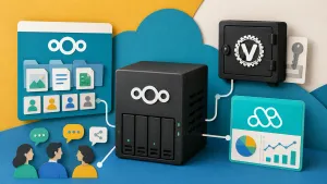 Editorial illustration showing private server hub, file storage, password vault, analytics and collaboration services.