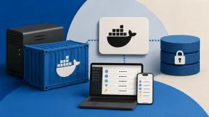 Editorial illustration showing password vault interface, Docker container, encrypted database, phone and browser clients.