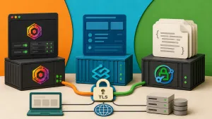 Editorial illustration showing three reverse-proxy gateways, TLS termination, Docker service discovery, configuration UI versus files.