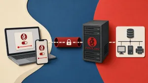 Editorial illustration showing laptop and phone peers, encrypted WireGuard tunnel, VPS gateway, private subnet route.