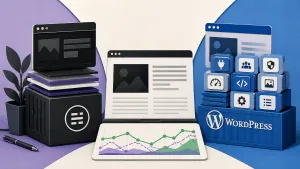 Editorial illustration showing two publishing editors, technical article page, plugin-heavy stack versus focused stack, performance trace.