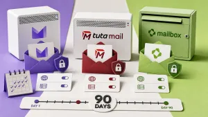 Editorial illustration showing three private inboxes, encrypted message envelopes, calendar and custom-domain controls, 90-day test timeline.
